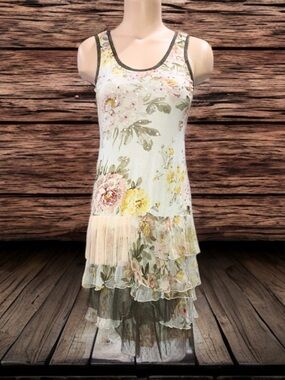 Alberto Makali Green Yellow Floral Shift Dress Ruffle Hem Sleeveless Pullover S
